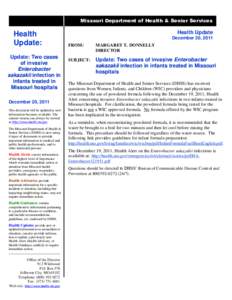 Missouri Department of Health & Senior Services  Health Update: Update: Two cases of invasive