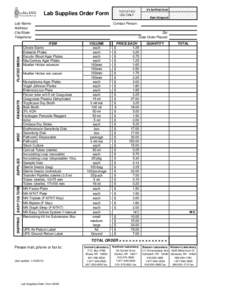 Lab Supplies Order Form  # Lbs/Ship Cost: FOR OFFICE USE ONLY