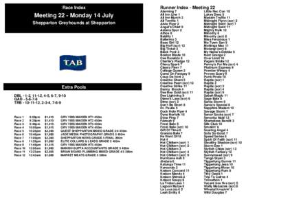 Race Index  Meeting 22 - Monday 14 July Shepparton Greyhounds at Shepparton  Extra Pools