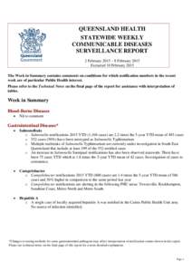 Queensland Health Statewide Weekly Communicable Diseases Surveillance Report for 2 February 2015 to 8 February 2015