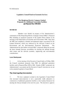 For Information  Legislative Council Panel on Economic Services The Hongkong Electric Company Limited Proposals for Additional Generation Facilities