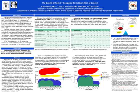 The Benefit of Neck CT Compared To Its Harm (Risk of Cancer) Keiko Hikino, MD1,2 , Loren G. Yamamoto, MD, MPH, MBA, FAAP, FACEP2 1Section of Pediatric Critical Care, Department of Pediatrics, University of Chicago 2 Depa