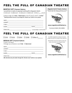 FEEL THE PULL OF CANADIAN THEATRE Magnetic North Theatre Festival MONTHLY GIFT |Payment Options:  53 Elgin Street, Box 1534, Station B | Ottawa, ON | K1P 5W1