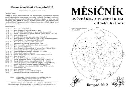 Kosmické události v listopadu 2012 (Časové údaje jsou ve středoevropském čase) Viditelnost planet: Merkur se ze Štíra vrací do souhvězdí Vah, koncem měsíce je pozorovatelný ráno nad jihovýchodním obzor