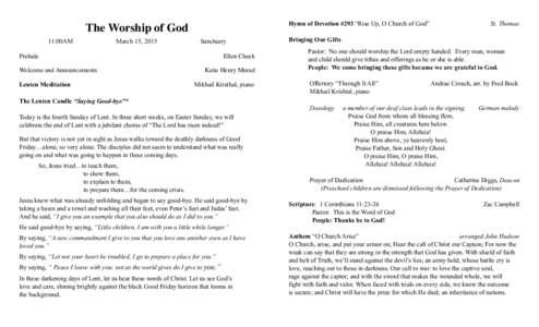 Hymn of Devotion #293 “Rise Up, O Church of God”  The Worship of God 11:00AM  March 15, 2015