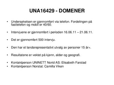 UNA16429 - DOMENER • Undersøkelsen er gjennomført via telefon. Fordelingen på fasttelefon og mobil er 40/60. • Intervjuene er gjennomført i perioden – .  • Det er gjennomført 500 intervju.