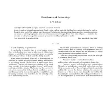 Freedom and Possibility G. W. Leibniz Copyright ©2010–2015 All rights reserved. Jonathan Bennett [Brackets] enclose editorial explanations. Small ·dots· enclose material that has been added, but can be read as thoug