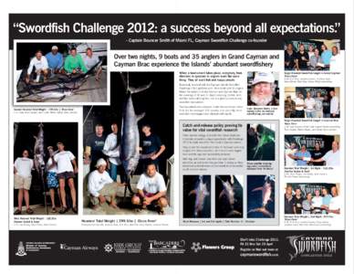 “Swordfish Challenge 2012: a success beyond all expectations.” - Captain Bouncer Smith of Miami FL, Cayman Swordfish Challenge co-founder Over two nights, 9 boats and 35 anglers in Grand Cayman and Cayman Brac experi