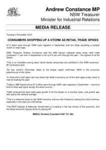 Andrew Constance MP NSW Treasurer Minister for Industrial Relations MEDIA RELEASE Tuesday 4 November 2014