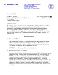 U.S. Department of Labor  Office of Labor-Management Standards Cleveland District Office 1240 East 9th Street, Suite 831 Cleveland, OH 44199