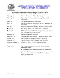 Planned Entertainments meetings items for 2014