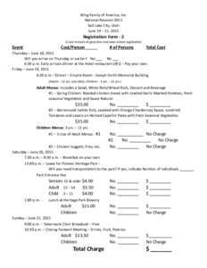 Wing Family of America, Inc. National Reunion 2015 Salt Lake City, Utah June 19 – 21, 2015  Registration Form - 2