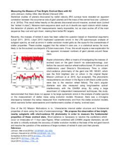 Measuring  the  Masses  of  Two  Bright,  Evolved  Stars  with  K2   John  Johnson,  Ashley  Villar,  Ben  Montet  (Harvard  CfA)   Statistical   studies   of   planets   discovered   by   radial 