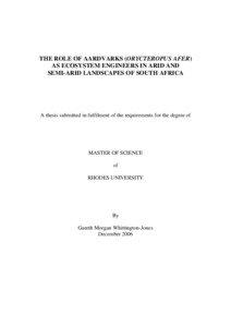 THE ROLE OF AARDVARKS (ORYCTEROPUS AFER) AS ECOSYSTEM ENGINEERS IN ARID AND SEMI-ARID LANDSCAPES OF SOUTH AFRICA