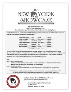 Big Apple Showcase Day May 31st, 2014 at Belmont Park Round Trip Transportation & Lunch in the Belmont West Wing Room Join the NYTB on May 31st, 2014 at Belmont Park for the Big Apple Showcase Day. This day at Belmont Pa