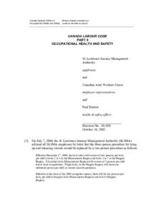 Canada Appeals Office on Bureau d’appel canadien en Occupational Health and Safety santé et sécurité au travail _______________________________________________________________________________________  CANADA LABOUR 