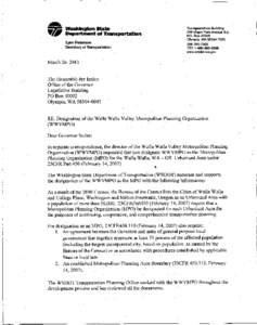 WSDOT Secretary letter to Governor Inslee requesting designation for the Walla Walla Valley Metropolitan Planning Organization