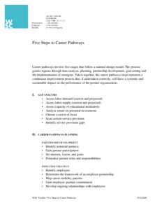 Five Steps to Career Pathways  Career pathways involve five stages that follow a rational design model. The process guides regions through data analysis, planning, partnership development, goal setting and the implementa