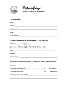 Clifton Springs Gift Certificate Order Form