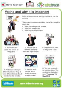 Have Your Say  Voting and why it is important Politicians are people who decide how to run the country. They make important decisions that affect people’s