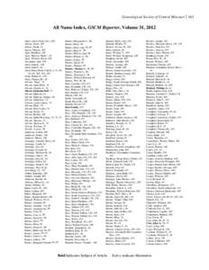 Genealogical Society of Central Missouri 163  All Name Index, GSCM Reporter, Volume 31, 2012 Adair, James Farris (Sr.), 105 Adams, James, 105 Adams, Sarah, 24