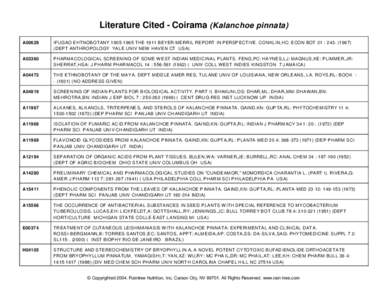Literature Cited - Coirama (Kalanchoe pinnata) A00629 IFUGAO E HTNOBO TANY[removed]THE 1911 BEYER-ME RRIL REPORT IN PERSP ECTIVE. CON KLIN,HC: ECON BOT 21 : [removed]DEPT ANTHROPOLOGY YALE UNIV NEW HAVEN CT USA)