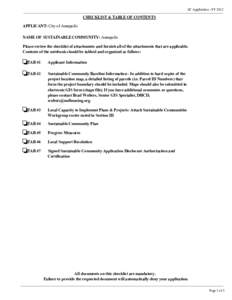 SC Application - FY[removed]CHECKLIST & TABLE OF CONTENTS APPLICANT: City of Annapolis NAME OF SUSTAINABLE COMMUNITY: Annapolis Please review the checklist of attachments and furnish all of the attachments that are applica