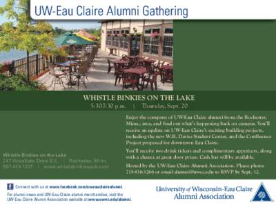 UW-Eau Claire Alumni Gathering  WHISTLE BINKIES ON THE LAKE 5:30-7:30 p.m.  |  Thursday, Sept. 20 Enjoy the company of UW-Eau Claire alumni from the Rochester, Minn., area, and find out what’s happening back on cam