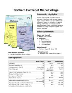 Northern Hamlet of Michel Village Community Highlights Hamlet of Michel Village on the western shores of Peter Pond Lake is home to about eighty people. Michel is an 