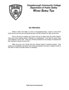 Kingsborough Community College Department of Public Safety Winter Safety Tips  BE PREPARED