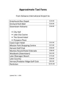 Approximate Taxi Fares    From Kelowna International Airport to:    $24.00  Greyhound Bus Depot 