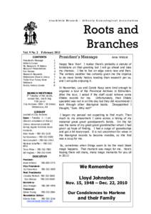 Wetaskiwin Branch - Alberta Genealogical Association  Roots and Branches  Vol. 9 No. 2 February 2011