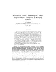 Mathematics Awaits: Commentary on “Genetic Programming and Emergence” by Wolfgang Banzhaf∗ Lee Altenberg Ronin Institute; Associate Editor, BioSystems; [removed]