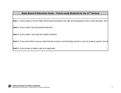 State Board of Education Goals – Future-ready Students for the 21st Century  Goal 1 – Every student in the NC Public School System graduates from high school prepared for work, further education, and citizenship Goal
