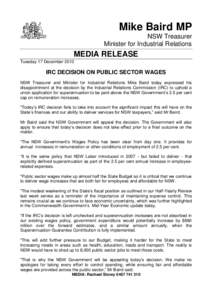 Mike Baird MP NSW Treasurer Minister for Industrial Relations MEDIA RELEASE Tuesday 17 December 2013