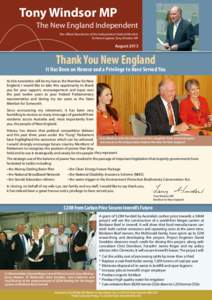 Tony Windsor MP The New England Independent The official Newsletter of the Independent Federal Member for New England, Tony Windsor MP  August 2013