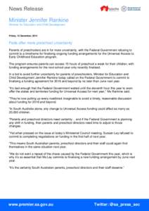 News Release Minister Jennifer Rankine Minister for Education and Child Development Friday, 12 December, 2014