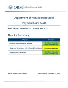 Department of Natural Resources Payment Card Audit Audit Period: December 2011 through May 2012 Results Summary: Objective