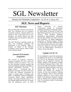 SGL Newsletter Society for Germanic Linguistics Vol. 27, No. 1, SpringSGL News and Reports