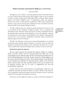 Model Concession Agreement for Highways: An Overview - Gajendra Haldea  The highways sector in India is witnessing significant interest from both domestic