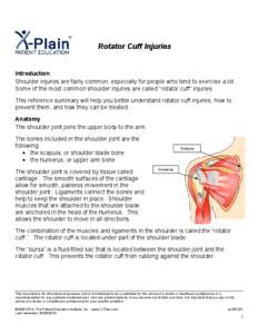 Rotator Cuff Injuries  Introduction Shoulder injuries are fairly common, especially for people who tend to exercise a lot. Some of the most common shoulder injuries are called “rotator cuff” injuries. This reference 