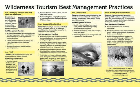 Wilderness Tourism Best Management Practices Issue - Identifying active use areas and values and consultation • Travel on the most durable surfaces available: rock, gravel or snow.