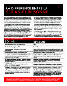 LA DIFFÉRENCE ENTRE LA  SOCAN ET RÉ:SONNE Nous avons préparé cette feuille de comparaison pour vous aider à comprendre les différences entre la SOCAN et Ré:Sonne. Elle souligne aussi en quoi ces organisations de g