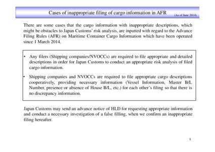 Cases of inappropriate filing of cargo information in AFR  (As of June[removed]There are some cases that the cargo information with inappropriate descriptions, which might be obstacles to Japan Customs’ risk analysis, ar