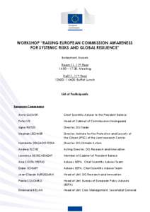 WORKSHOP “RAISING EUROPEAN COMMISSION AWARENESS FOR SYSTEMIC RISKS AND GLOBAL RESILIENCE” Berlaymont, Brussels Room 11, 11th floor 14:00 – 17:30: Meeting