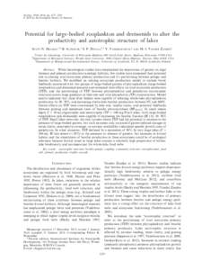 Ecology, 95(8), 2014, pp. 2257–2267 Ó 2014 by the Ecological Society of America Potential for large-bodied zooplankton and dreissenids to alter the productivity and autotrophic structure of lakes SCOTT N. HIGGINS,1,4 