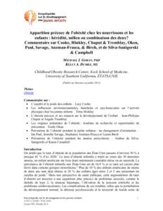 Apparition précoce de l’obésité chez les nourrissons et les enfants : hérédité, milieu ou combinaison des deux? Commentaire sur Cooke, Hinkley, Chaput & Tremblay, Oken, Paul, Savage, Anzman-Frasca, & Birc