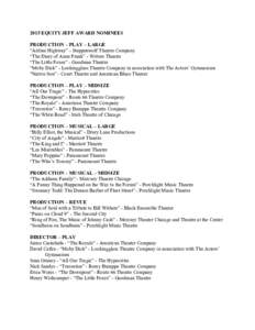 2015 EQUITY JEFF AWARD NOMINEES PRODUCTION – PLAY – LARGE “Airline Highway” - Steppenwolf Theatre Company “The Diary of Anne Frank” - Writers Theatre “The Little Foxes” - Goodman Theatre “Moby Dick” -