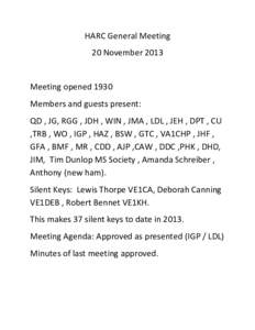 HARC General Meeting 20 November 2013 Meeting opened 1930 Members and guests present: QD , JG, RGG , JDH , WIN , JMA , LDL , JEH , DPT , CU
