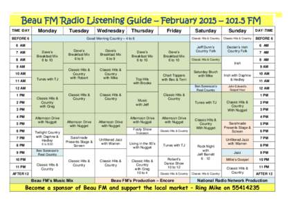 Beau FM Radio Listening Guide – February 2015 – 101.5 FM TIME \DAY Monday  Tuesday